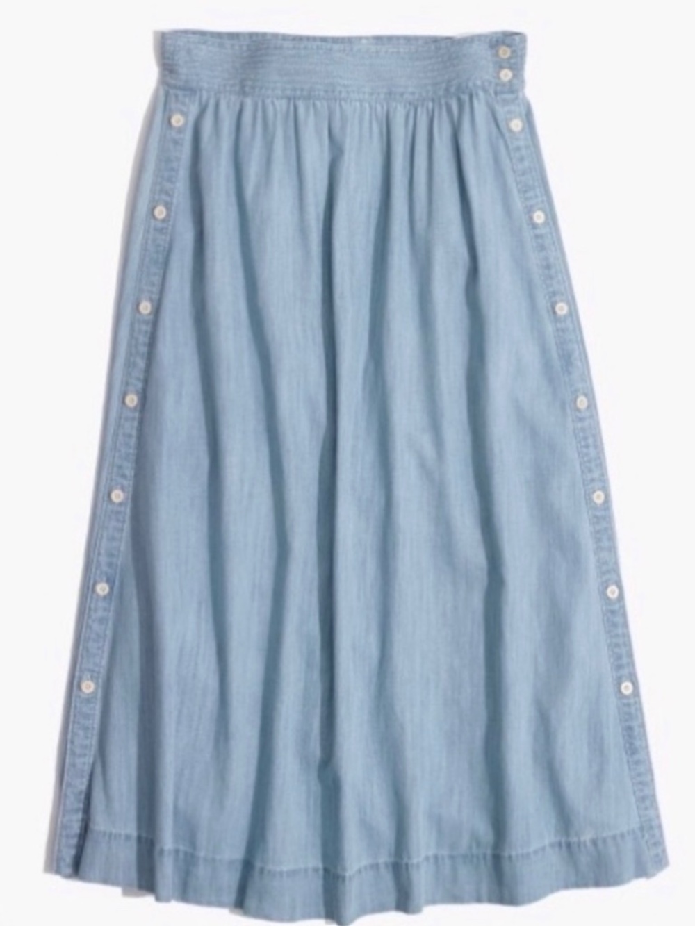 Madewell Side Button Gathered Waist Washed Blue Chambray Midi Skirt NWT SZ 4